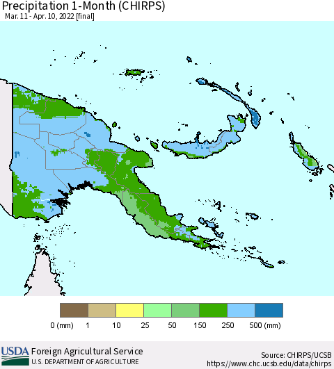 Papua New Guinea Precipitation 1-Month (CHIRPS) Thematic Map For 3/11/2022 - 4/10/2022