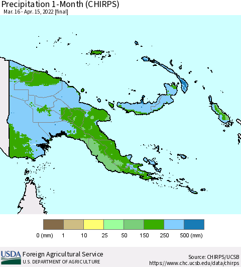 Papua New Guinea Precipitation 1-Month (CHIRPS) Thematic Map For 3/16/2022 - 4/15/2022