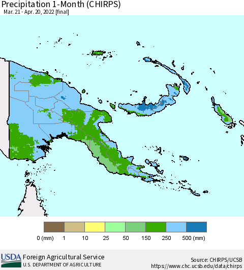 Papua New Guinea Precipitation 1-Month (CHIRPS) Thematic Map For 3/21/2022 - 4/20/2022
