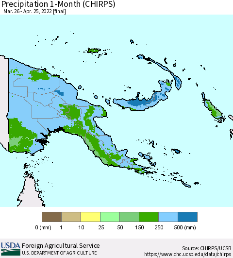 Papua New Guinea Precipitation 1-Month (CHIRPS) Thematic Map For 3/26/2022 - 4/25/2022