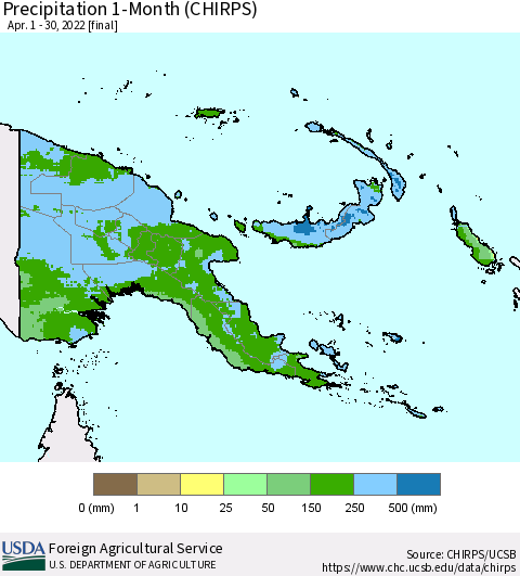 Papua New Guinea Precipitation 1-Month (CHIRPS) Thematic Map For 4/1/2022 - 4/30/2022