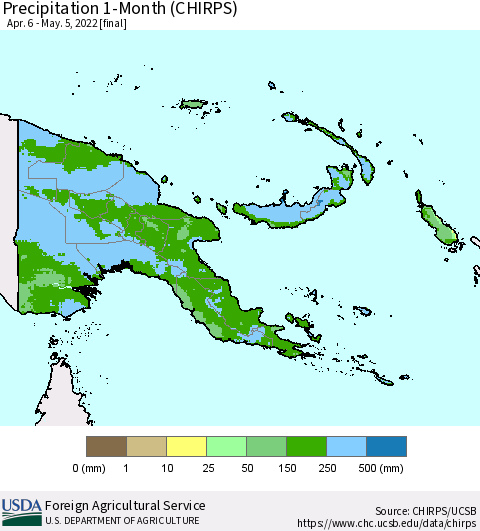 Papua New Guinea Precipitation 1-Month (CHIRPS) Thematic Map For 4/6/2022 - 5/5/2022