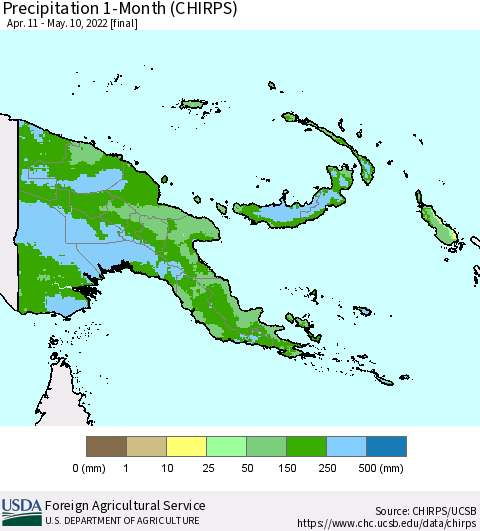 Papua New Guinea Precipitation 1-Month (CHIRPS) Thematic Map For 4/11/2022 - 5/10/2022