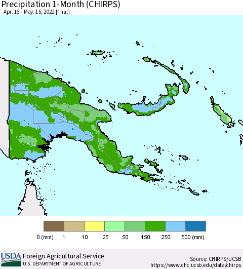 Papua New Guinea Precipitation 1-Month (CHIRPS) Thematic Map For 4/16/2022 - 5/15/2022