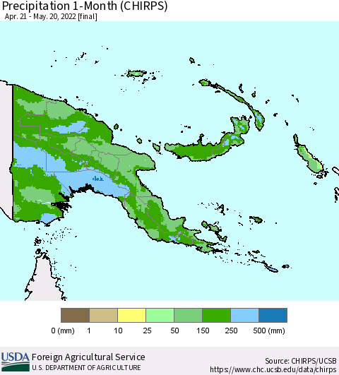 Papua New Guinea Precipitation 1-Month (CHIRPS) Thematic Map For 4/21/2022 - 5/20/2022