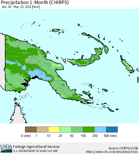 Papua New Guinea Precipitation 1-Month (CHIRPS) Thematic Map For 4/26/2022 - 5/25/2022