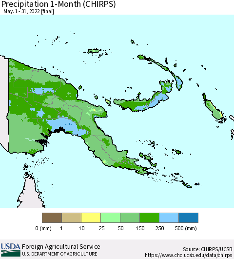 Papua New Guinea Precipitation 1-Month (CHIRPS) Thematic Map For 5/1/2022 - 5/31/2022