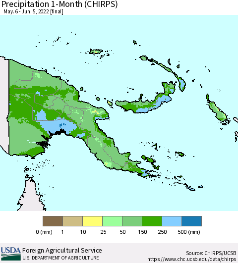 Papua New Guinea Precipitation 1-Month (CHIRPS) Thematic Map For 5/6/2022 - 6/5/2022