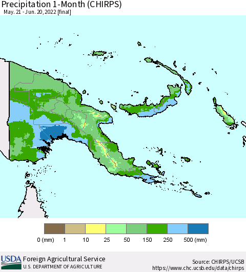 Papua New Guinea Precipitation 1-Month (CHIRPS) Thematic Map For 5/21/2022 - 6/20/2022