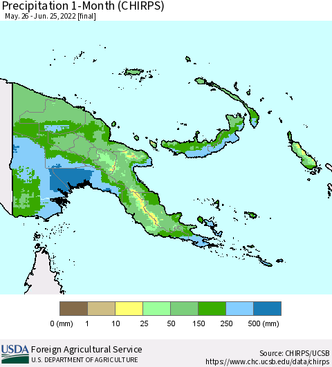 Papua New Guinea Precipitation 1-Month (CHIRPS) Thematic Map For 5/26/2022 - 6/25/2022
