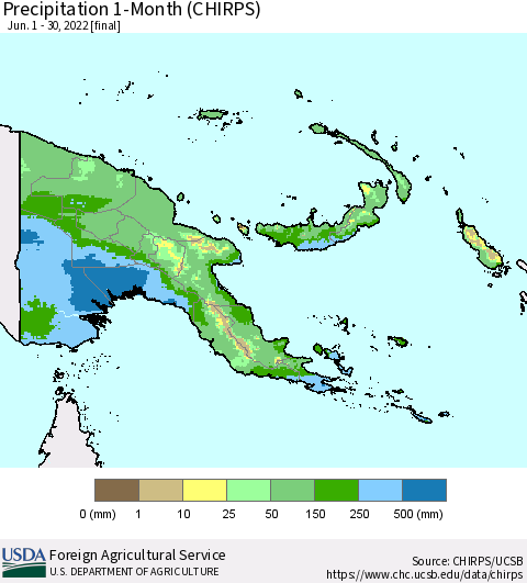 Papua New Guinea Precipitation 1-Month (CHIRPS) Thematic Map For 6/1/2022 - 6/30/2022