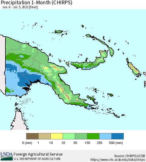 Papua New Guinea Precipitation 1-Month (CHIRPS) Thematic Map For 6/6/2022 - 7/5/2022