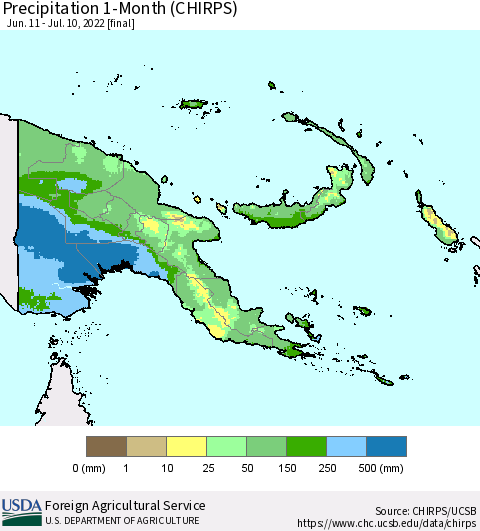 Papua New Guinea Precipitation 1-Month (CHIRPS) Thematic Map For 6/11/2022 - 7/10/2022