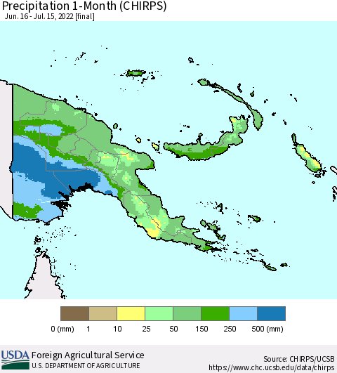 Papua New Guinea Precipitation 1-Month (CHIRPS) Thematic Map For 6/16/2022 - 7/15/2022