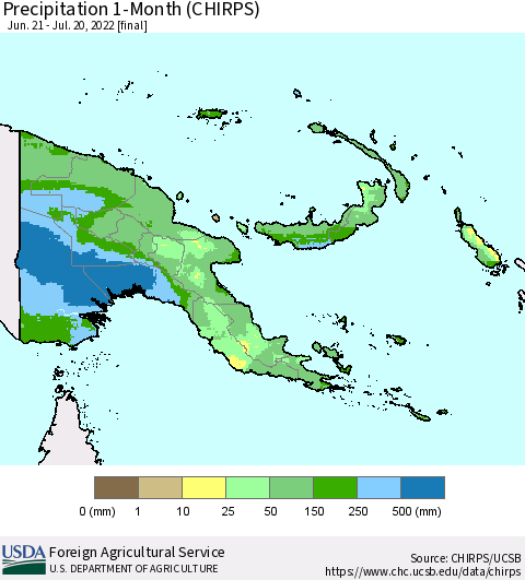Papua New Guinea Precipitation 1-Month (CHIRPS) Thematic Map For 6/21/2022 - 7/20/2022