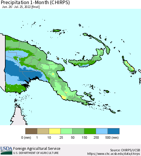 Papua New Guinea Precipitation 1-Month (CHIRPS) Thematic Map For 6/26/2022 - 7/25/2022