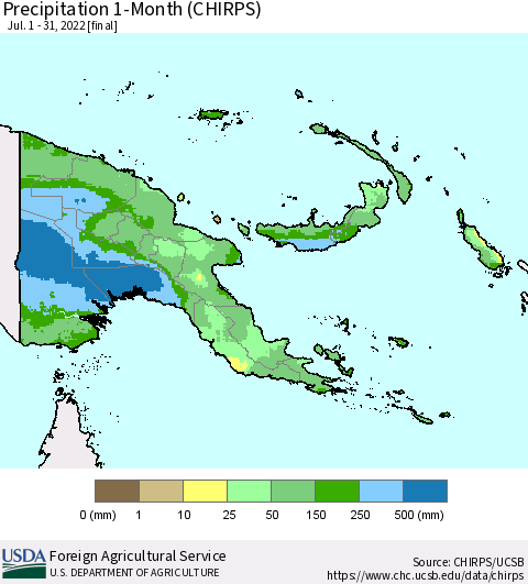 Papua New Guinea Precipitation 1-Month (CHIRPS) Thematic Map For 7/1/2022 - 7/31/2022