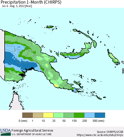 Papua New Guinea Precipitation 1-Month (CHIRPS) Thematic Map For 7/6/2022 - 8/5/2022