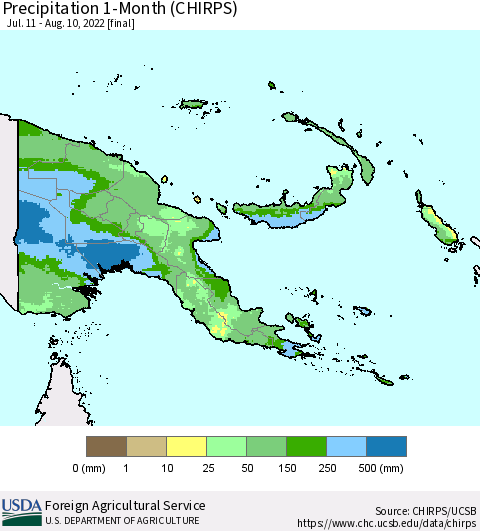 Papua New Guinea Precipitation 1-Month (CHIRPS) Thematic Map For 7/11/2022 - 8/10/2022