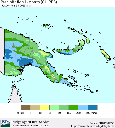 Papua New Guinea Precipitation 1-Month (CHIRPS) Thematic Map For 7/16/2022 - 8/15/2022
