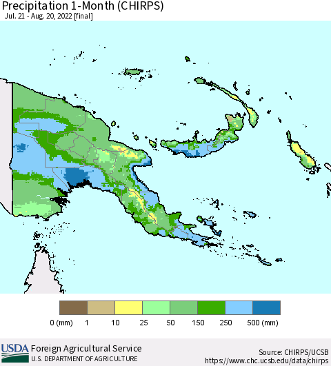 Papua New Guinea Precipitation 1-Month (CHIRPS) Thematic Map For 7/21/2022 - 8/20/2022