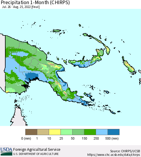 Papua New Guinea Precipitation 1-Month (CHIRPS) Thematic Map For 7/26/2022 - 8/25/2022