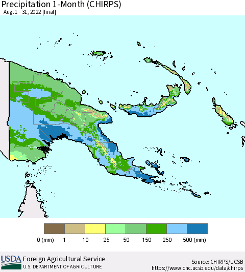 Papua New Guinea Precipitation 1-Month (CHIRPS) Thematic Map For 8/1/2022 - 8/31/2022