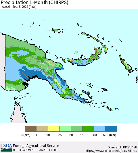 Papua New Guinea Precipitation 1-Month (CHIRPS) Thematic Map For 8/6/2022 - 9/5/2022