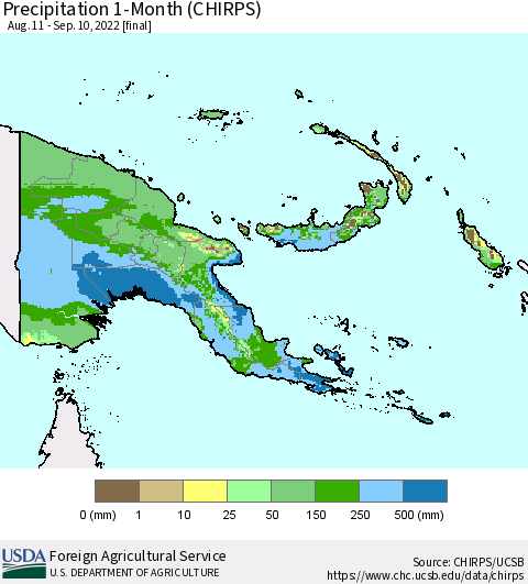 Papua New Guinea Precipitation 1-Month (CHIRPS) Thematic Map For 8/11/2022 - 9/10/2022