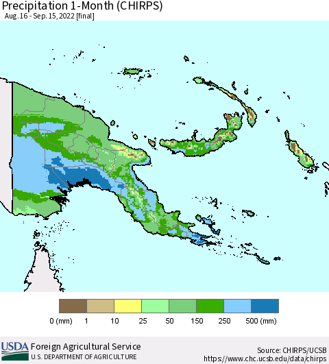 Papua New Guinea Precipitation 1-Month (CHIRPS) Thematic Map For 8/16/2022 - 9/15/2022