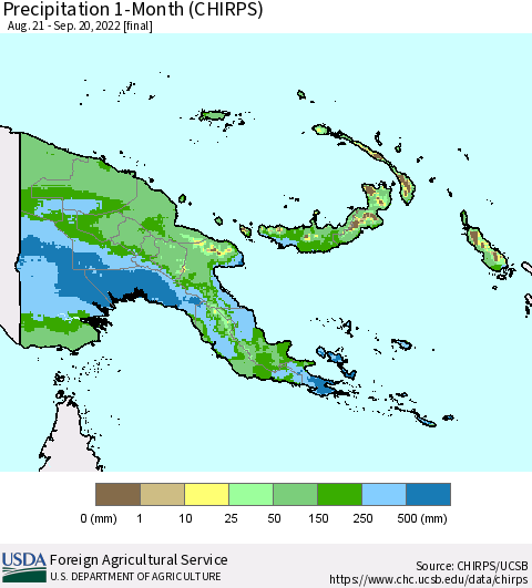 Papua New Guinea Precipitation 1-Month (CHIRPS) Thematic Map For 8/21/2022 - 9/20/2022