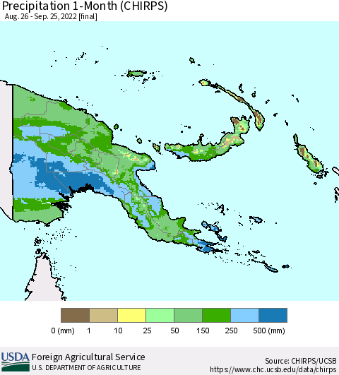 Papua New Guinea Precipitation 1-Month (CHIRPS) Thematic Map For 8/26/2022 - 9/25/2022