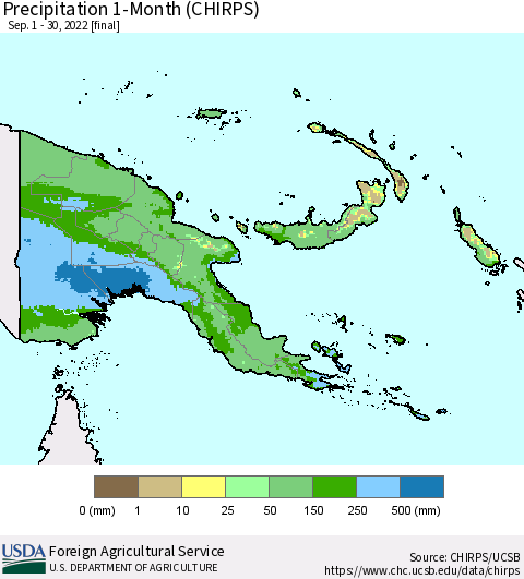 Papua New Guinea Precipitation 1-Month (CHIRPS) Thematic Map For 9/1/2022 - 9/30/2022
