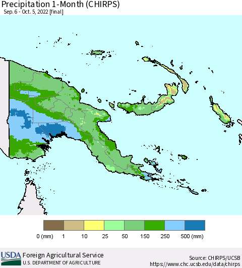 Papua New Guinea Precipitation 1-Month (CHIRPS) Thematic Map For 9/6/2022 - 10/5/2022