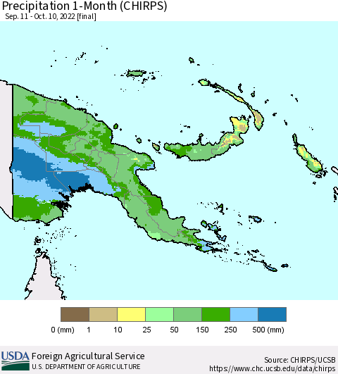 Papua New Guinea Precipitation 1-Month (CHIRPS) Thematic Map For 9/11/2022 - 10/10/2022