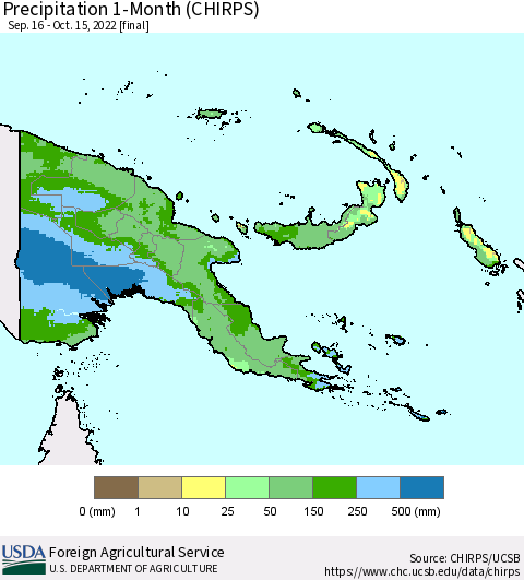 Papua New Guinea Precipitation 1-Month (CHIRPS) Thematic Map For 9/16/2022 - 10/15/2022
