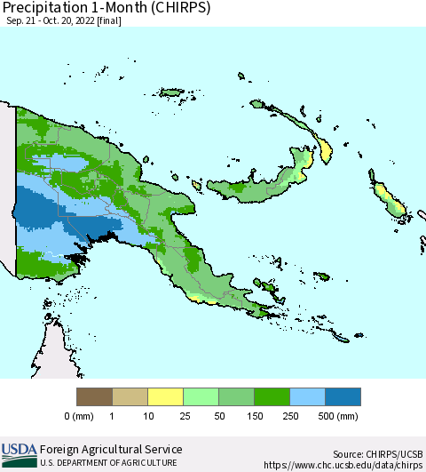 Papua New Guinea Precipitation 1-Month (CHIRPS) Thematic Map For 9/21/2022 - 10/20/2022