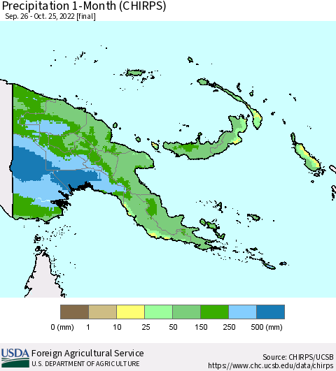Papua New Guinea Precipitation 1-Month (CHIRPS) Thematic Map For 9/26/2022 - 10/25/2022