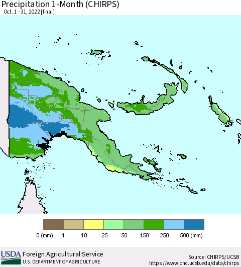 Papua New Guinea Precipitation 1-Month (CHIRPS) Thematic Map For 10/1/2022 - 10/31/2022