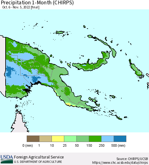 Papua New Guinea Precipitation 1-Month (CHIRPS) Thematic Map For 10/6/2022 - 11/5/2022