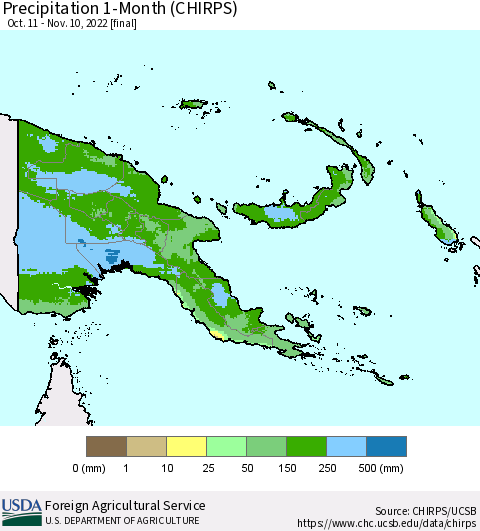 Papua New Guinea Precipitation 1-Month (CHIRPS) Thematic Map For 10/11/2022 - 11/10/2022