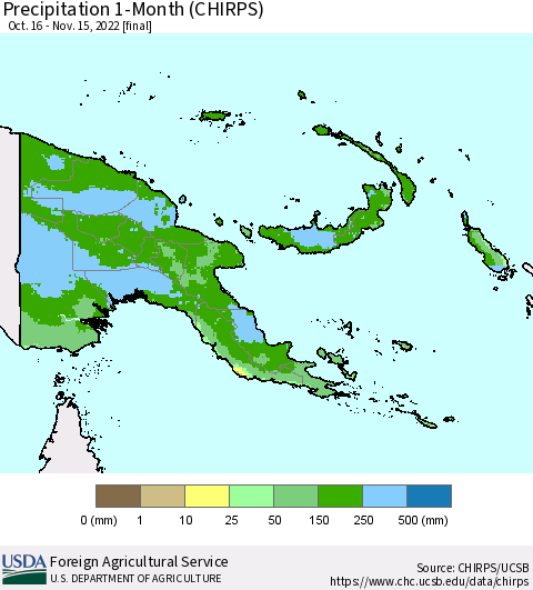 Papua New Guinea Precipitation 1-Month (CHIRPS) Thematic Map For 10/16/2022 - 11/15/2022