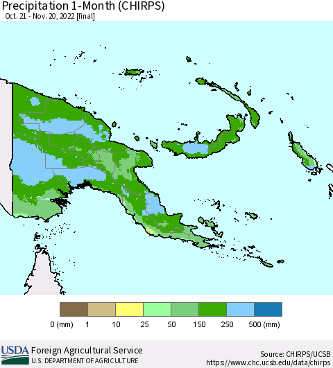 Papua New Guinea Precipitation 1-Month (CHIRPS) Thematic Map For 10/21/2022 - 11/20/2022