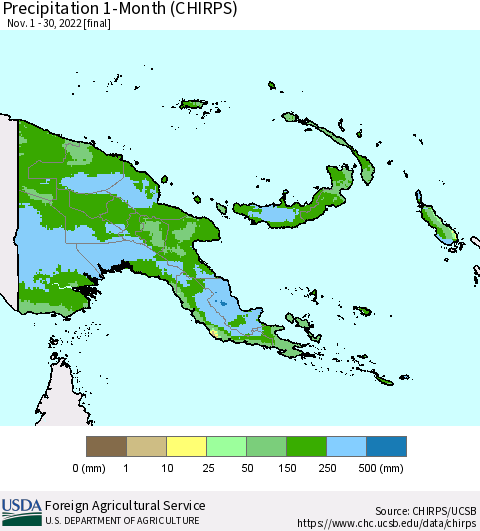 Papua New Guinea Precipitation 1-Month (CHIRPS) Thematic Map For 11/1/2022 - 11/30/2022
