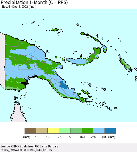Papua New Guinea Precipitation 1-Month (CHIRPS) Thematic Map For 11/6/2022 - 12/5/2022