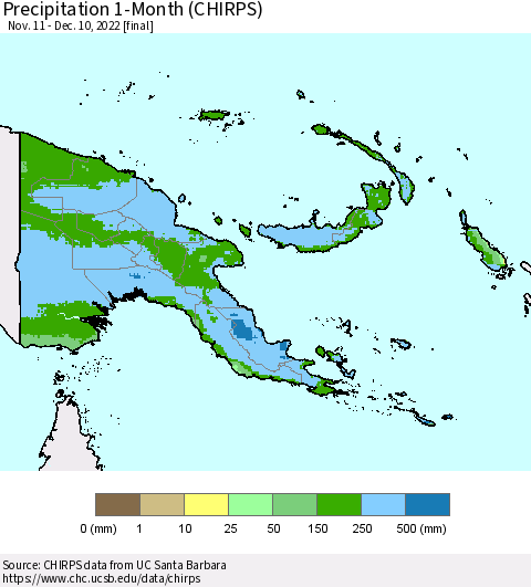 Papua New Guinea Precipitation 1-Month (CHIRPS) Thematic Map For 11/11/2022 - 12/10/2022
