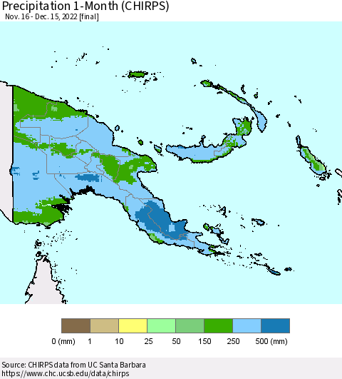 Papua New Guinea Precipitation 1-Month (CHIRPS) Thematic Map For 11/16/2022 - 12/15/2022
