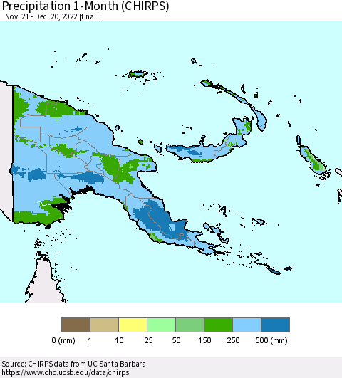 Papua New Guinea Precipitation 1-Month (CHIRPS) Thematic Map For 11/21/2022 - 12/20/2022