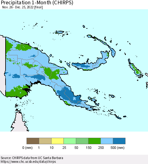 Papua New Guinea Precipitation 1-Month (CHIRPS) Thematic Map For 11/26/2022 - 12/25/2022