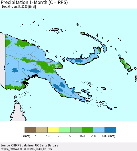 Papua New Guinea Precipitation 1-Month (CHIRPS) Thematic Map For 12/6/2022 - 1/5/2023